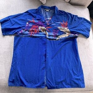 Vintage Paul Howard Hawaiian Blue Palm Print Button Down